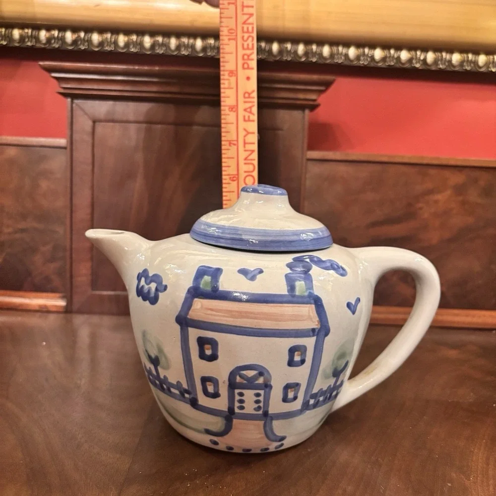 Vintage M.A. Hadley Country Scene Blue House Teapot Hand Painted Pottery